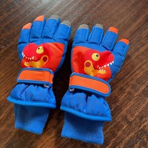 Kids' Blue and Orange Dinosaur Winter Gloves